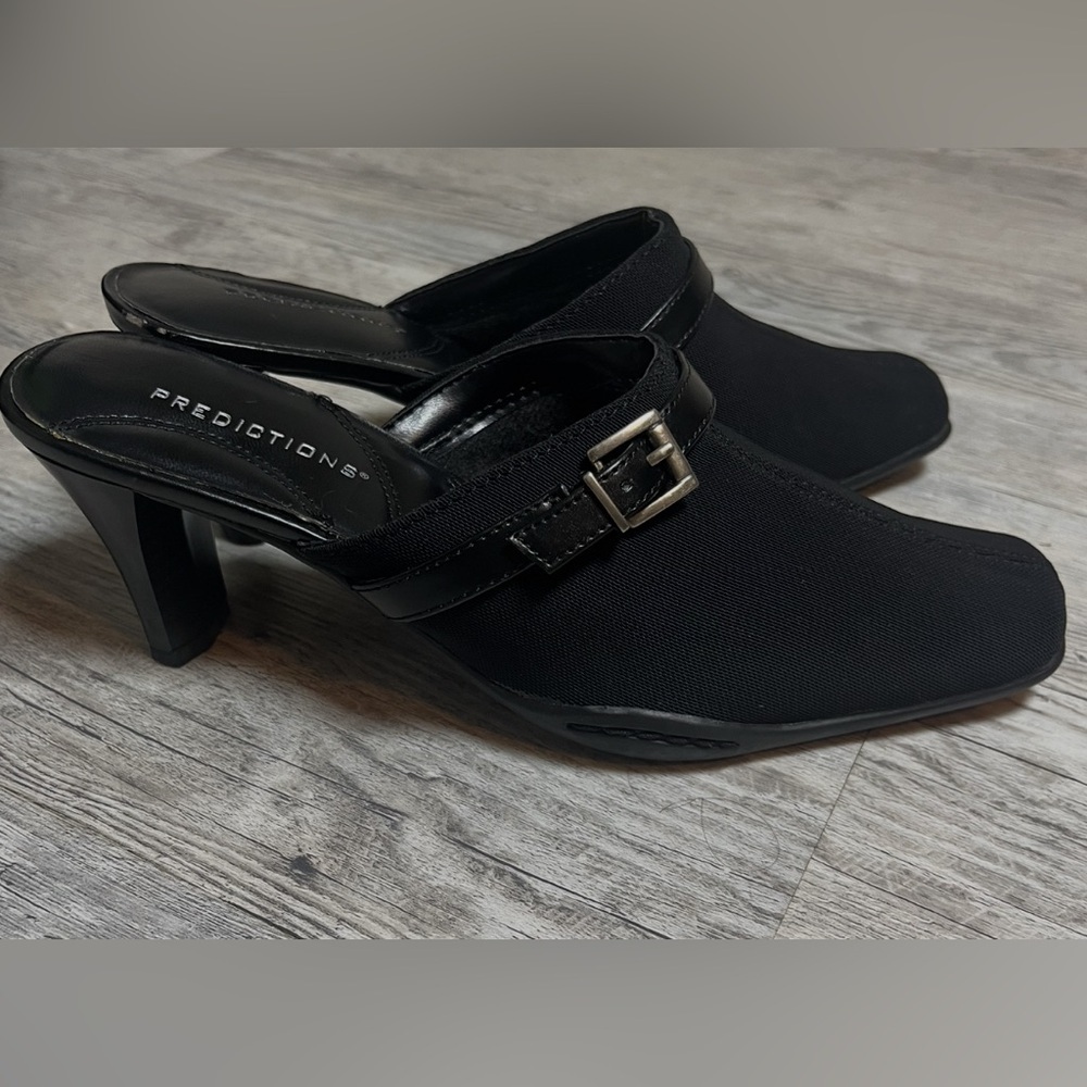 Predictions Black Square Toe Mules • Stretch Fabric • Buckle Detail S 6 Capsule